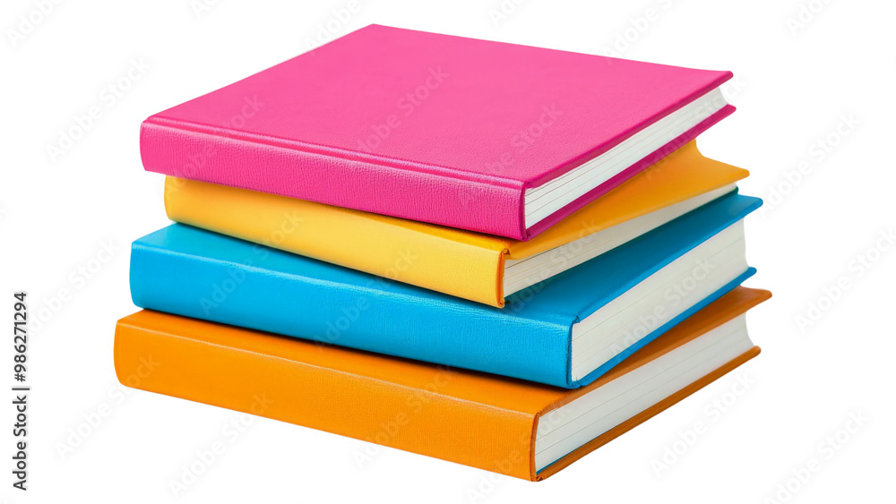 Set of four different colored notebooks stacked isolated on transparent background, PNG file Set of four different colored notebooks stacked isolated on transparent background, PNG file