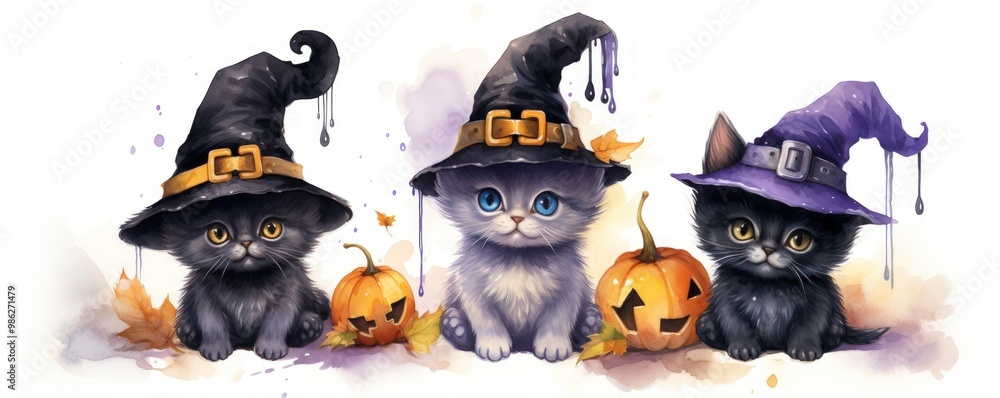 Three adorable cats wearing witch hats, surrounded by pumpkins, create a festive Halloween scene filled with charm and whimsy. Three adorable cats wearing witch hats, surrounded by pumpkins, create a festive Halloween scene filled with charm and whimsy.