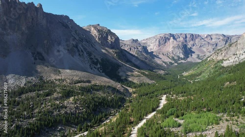 Rock creek road, near Red Lodge Montana, runs into the Absaroka-Beartooth Wilderness. Aerial camera flying along the valley