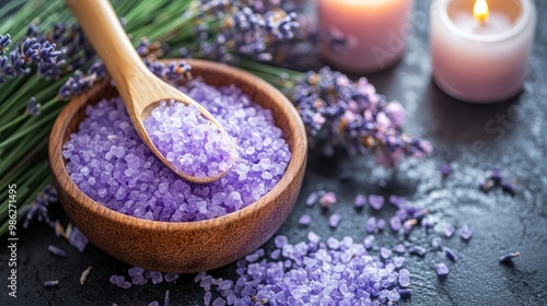 Lavender flowers and bath salts arranged in a spa setting, representing calmness and self-care.