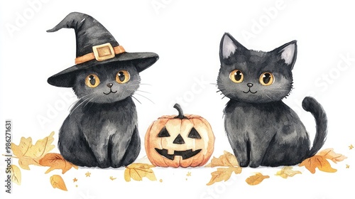 Two adorable black cats wear a witch hat, sitting beside a carved pumpkin, surrounded by autumn leaves, embodying a cozy Halloween vibe.