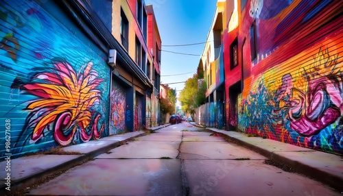 A vibrant alleyway adorned with colorful street art, featuring bright murals on both sides under a clear blue sky.