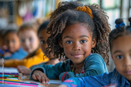 Group of elementary school students engages in a hands-on collaborative project, combining their unique cultures and ideas in a warm, inspiring classroom environment