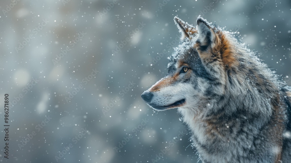Majestic Wolf Running Through Enchanting Winter Forest with Snowflakes Majestic Wolf Running Through Enchanting Winter Forest with Snowflakes