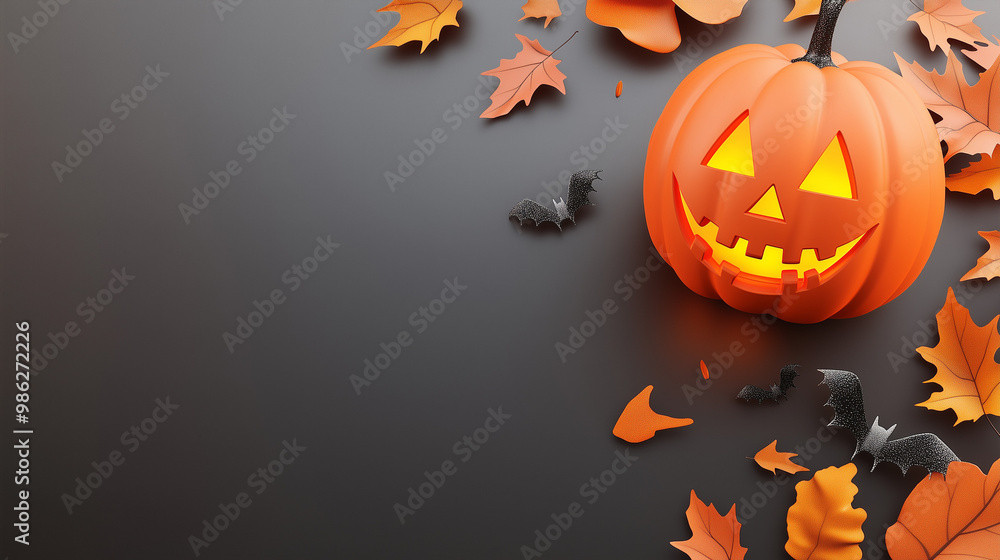 Lit pumpkin with a carved jack-o'-lantern face surrounded by autumn leaves and bats on a dark background. Halloween concept. Lit pumpkin with a carved jack-o'-lantern face surrounded by autumn leaves and bats on a dark background. Halloween concept.