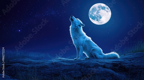 Lone white wolf howling at the bright moon, capturing the essence of the wild under a starry sky.