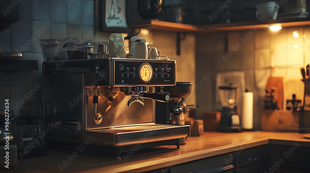 Fototapeta premium Modern Black Coffee Machine in a Stylish Kitchen with Cup - Sleek Home Appliance Closeup