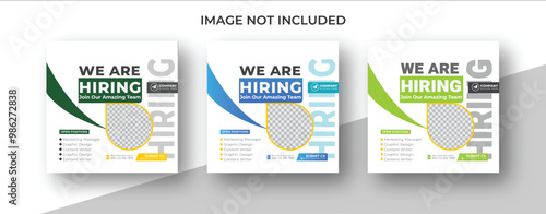 We are hiring job vacancy social media post banner design template. We are hiring job vacancy square web banner design.