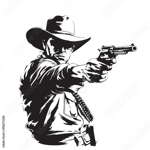 Black and white Cowboy Sheriff with gun stock image vector isolated on transparent background
