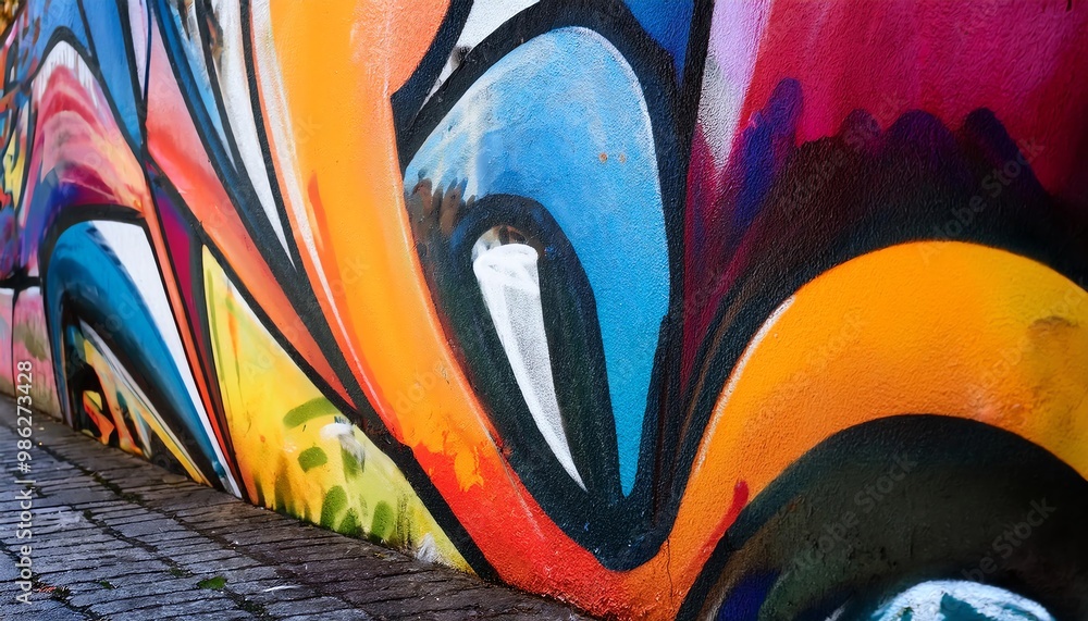 Naklejka premium A vibrant wall mural featuring bold colors and dynamic patterns that enhance the urban aesthetic.