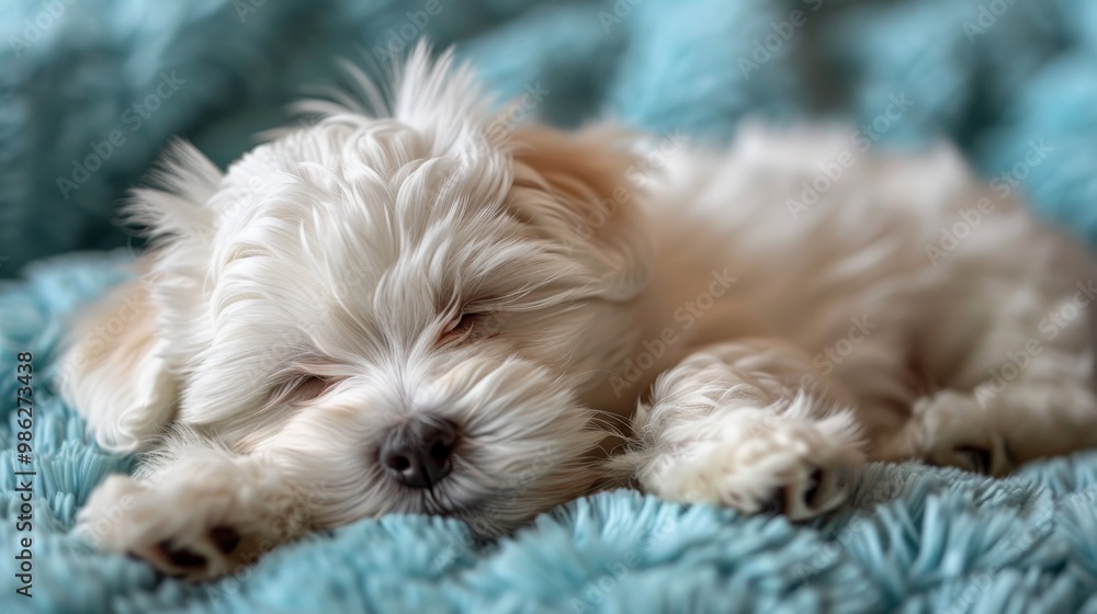 sleeping white cute puppy on blue blanket sleeping white cute puppy on blue blanket