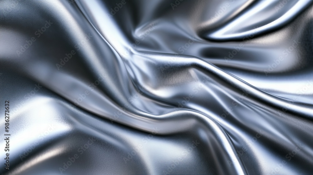 A background of shiny silver fabric with a wave pattern. The fabric is reflective and has a metallic sheen A background of shiny silver fabric with a wave pattern. The fabric is reflective and has a metallic sheen