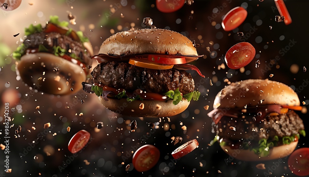 Flying hamburger with flying ingredients on dark background. Fast food concept Flying hamburger with flying ingredients on dark background. Fast food concept