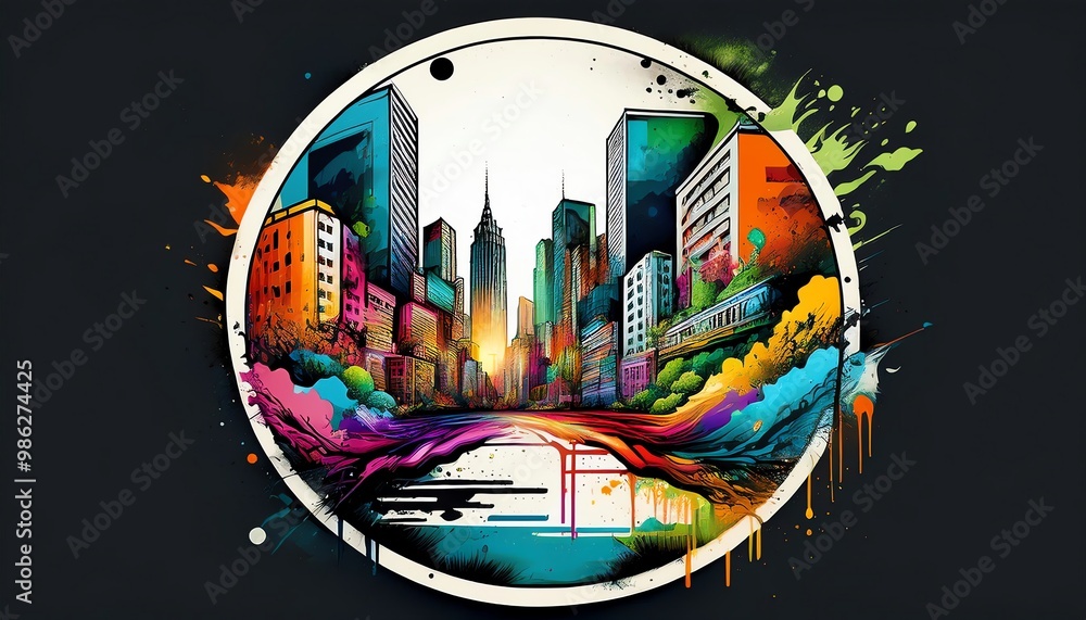 A vibrant, artistic cityscape featuring colorful buildings, a river, and a bold circular design, showcasing an imaginative representation of urban life. A vibrant, artistic cityscape featuring colorful buildings, a river, and a bold circular design, showcasing an imaginative representation of urban life.