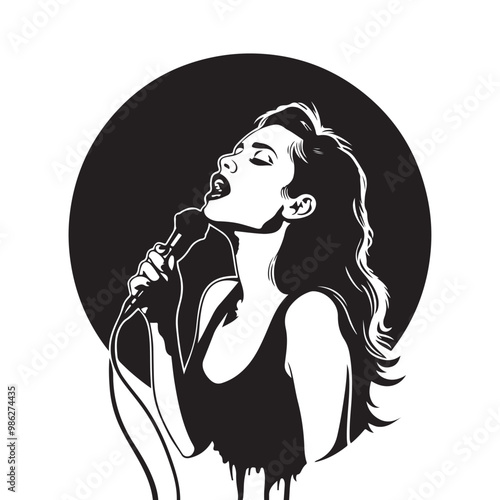 Illustration woman singing microphone Black and White Stock  Image vector