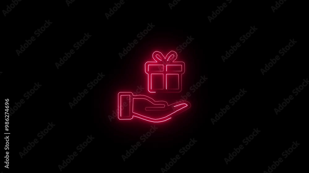 Neon gift box icon animated with black background. hand and gift biox. Neon gift box icon animated with black background. hand and gift biox.