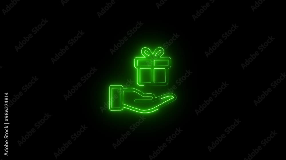 Neon gift box icon animated with black background. hand and gift biox. Neon gift box icon animated with black background. hand and gift biox.