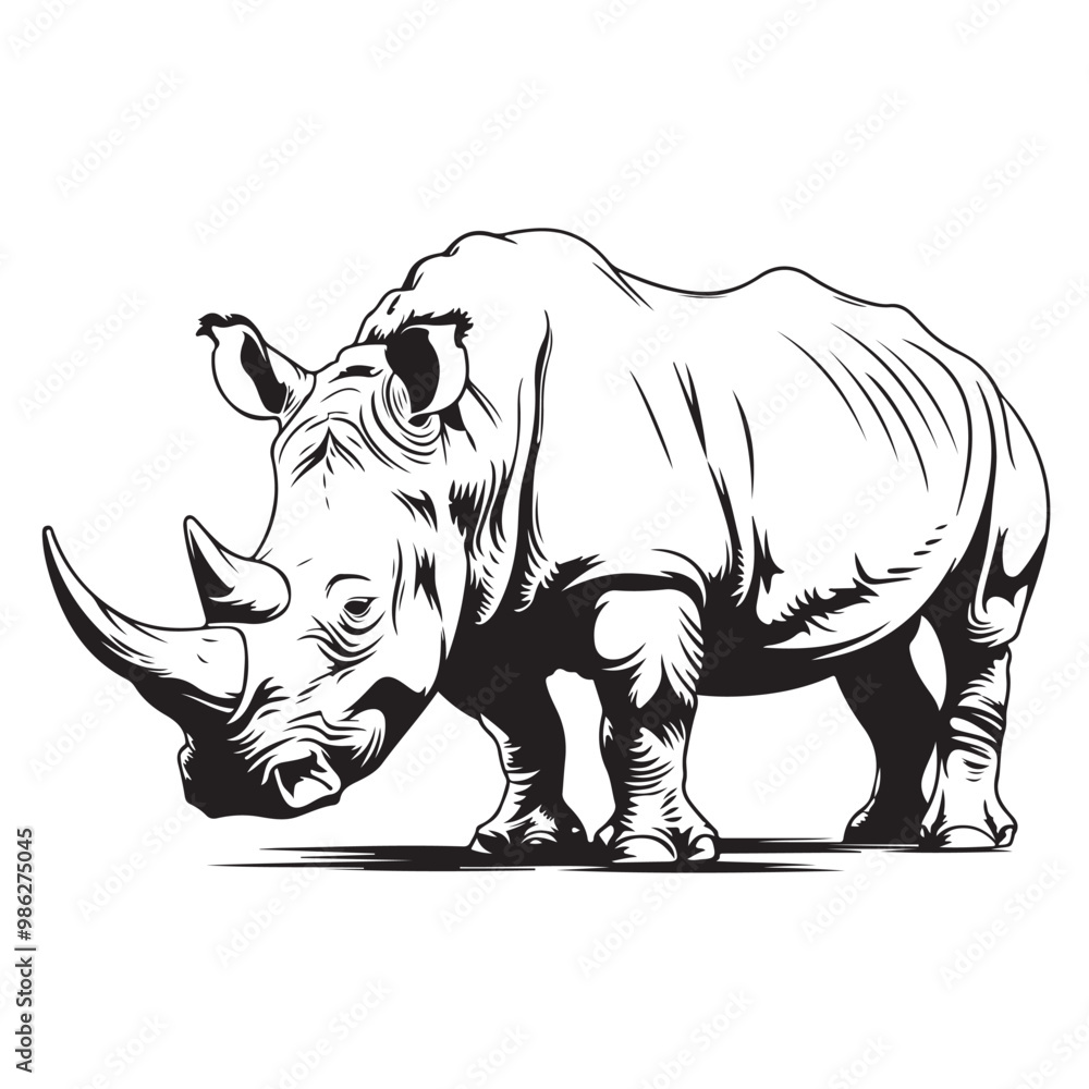 Obraz premium Rhino standing hand drawn engraving style sketch Vector illustration on transparent background.