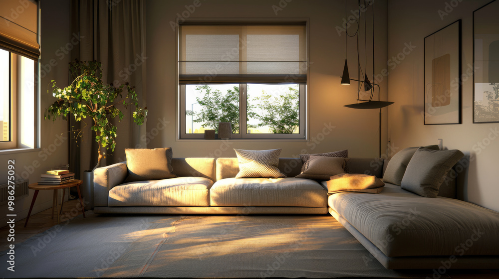 A cozy living room with large sectional sofa, soft cushions, and natural light streaming through windows creates warm and inviting atmosphere. greenery adds touch of freshness A cozy living room with large sectional sofa, soft cushions, and natural light streaming through windows creates warm and inviting atmosphere. greenery adds touch of freshness
