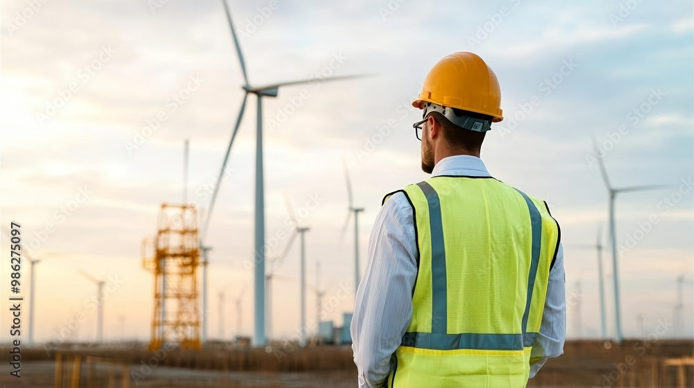 Engineer overseeing wind farm at sunset, turbines silhouetted against the sky, renewable energy industry, teamwork and strategic implementation in clean energy Engineer overseeing wind farm at sunset, turbines silhouetted against the sky, renewable energy industry, teamwork and strategic implementation in clean energy