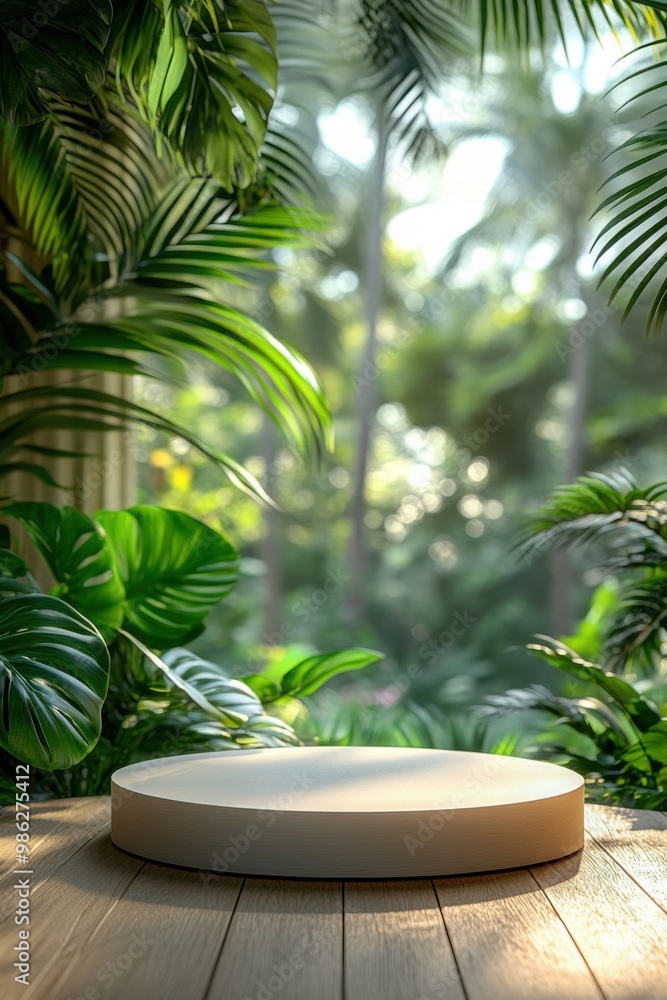 White circular podium on wood table with tropical green leaves in the background for product display. White circular podium on wood table with tropical green leaves in the background for product display.