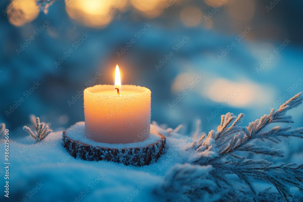 Generate a minimalist image of a single, lit Christmas candle placed on a snowy pine slice. The candle should be positioned on the left side of the image, against a backdrop of a blurred blue sky, ev
Generate a minimalist image of a single, lit Christmas candle placed on a snowy pine slice. The candle should be positioned on the left side of the image, against a backdrop of a blurred blue sky, ev