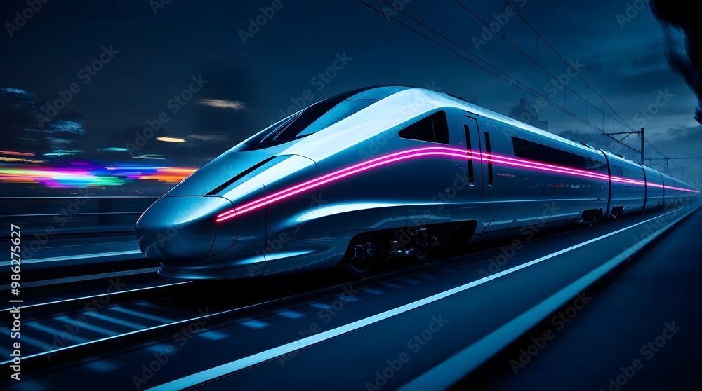 Modern Sleek Train Speeding Through Urban Landscape at Night With Vibrant City Lights and Dynamic Energy Modern Sleek Train Speeding Through Urban Landscape at Night With Vibrant City Lights and Dynamic Energy