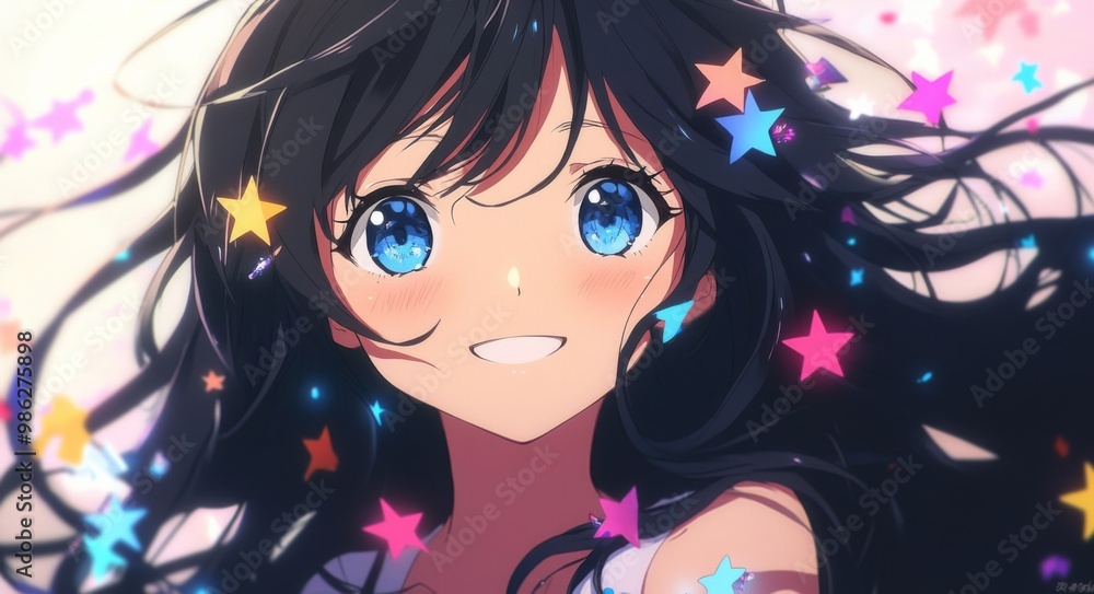 Cute Anime Girl with Long Black Hair and Blue Eyes Smiling Against a Pink and White Background, Adorned with Colorful Stars in Her Flowing Dark Brown Curly Hair.
Cute Anime Girl with Long Black Hair and Blue Eyes Smiling Against a Pink and White Background, Adorned with Colorful Stars in Her Flowing Dark Brown Curly Hair.