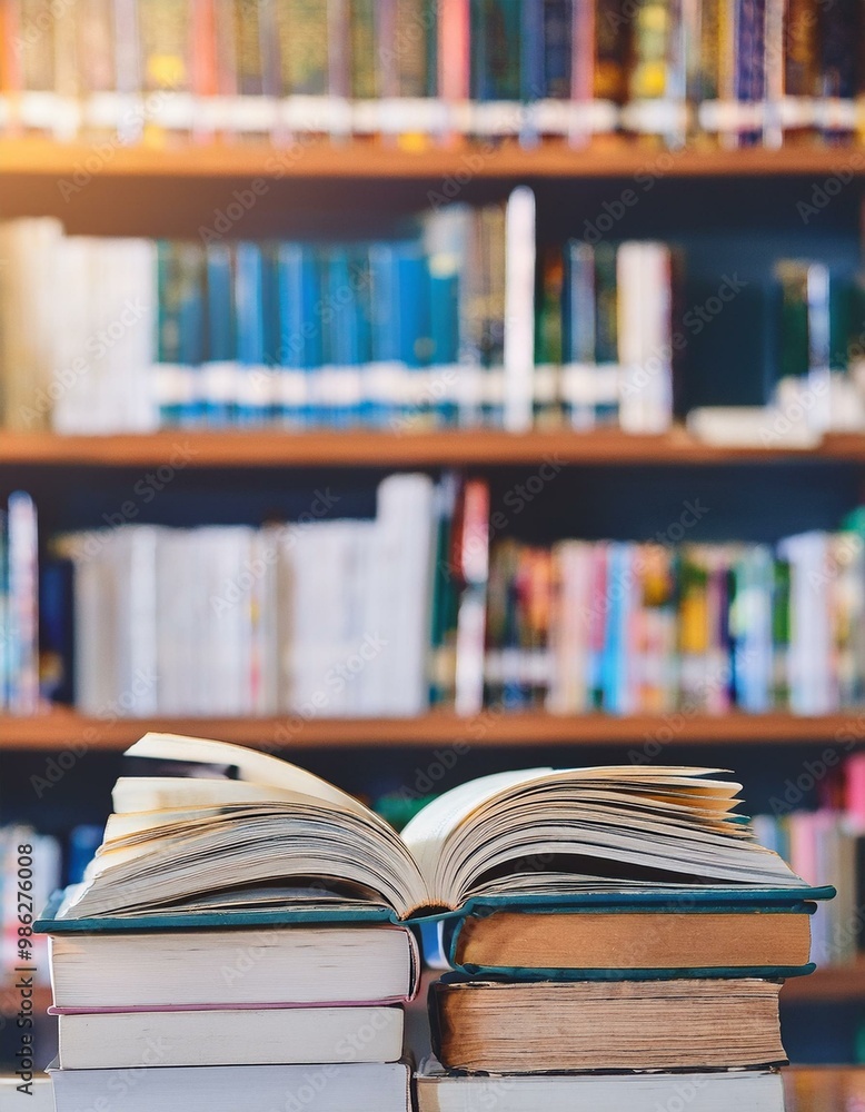 Book in library with old open textbook, stack piles of literature text Book in library with old open textbook, stack piles of literature text
