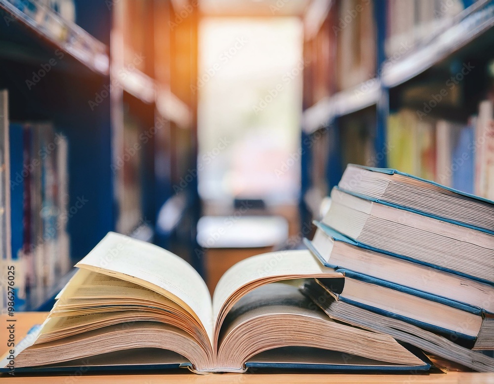 Book in library with old open textbook, stack piles of literature text Book in library with old open textbook, stack piles of literature text