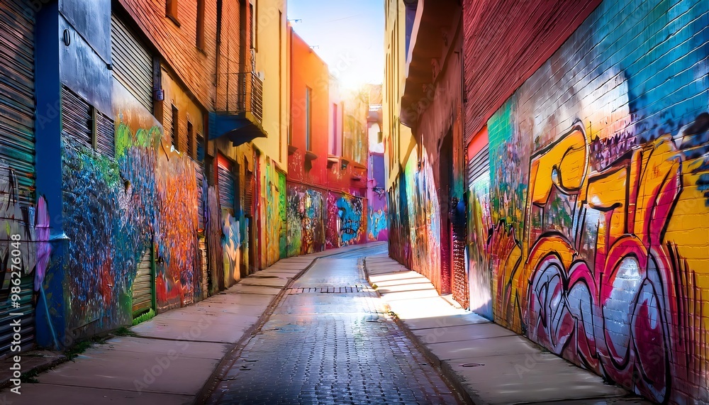 Fototapeta premium A vibrant alleyway adorned with colorful street art, showcasing intricate graffiti on brick walls, illuminated by natural light.