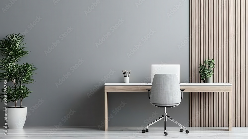 Modern office with sleek desk and ergonomic chair, minimalistic design, productive harmony Modern office with sleek desk and ergonomic chair, minimalistic design, productive harmony