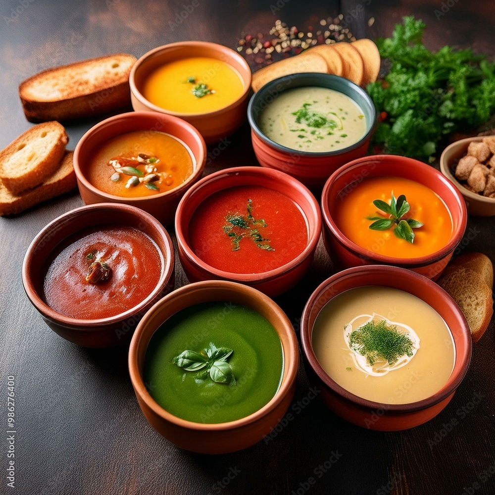 National Soup Month- A variety of colorful soups in terracotta bowls National Soup Month- A variety of colorful soups in terracotta bowls