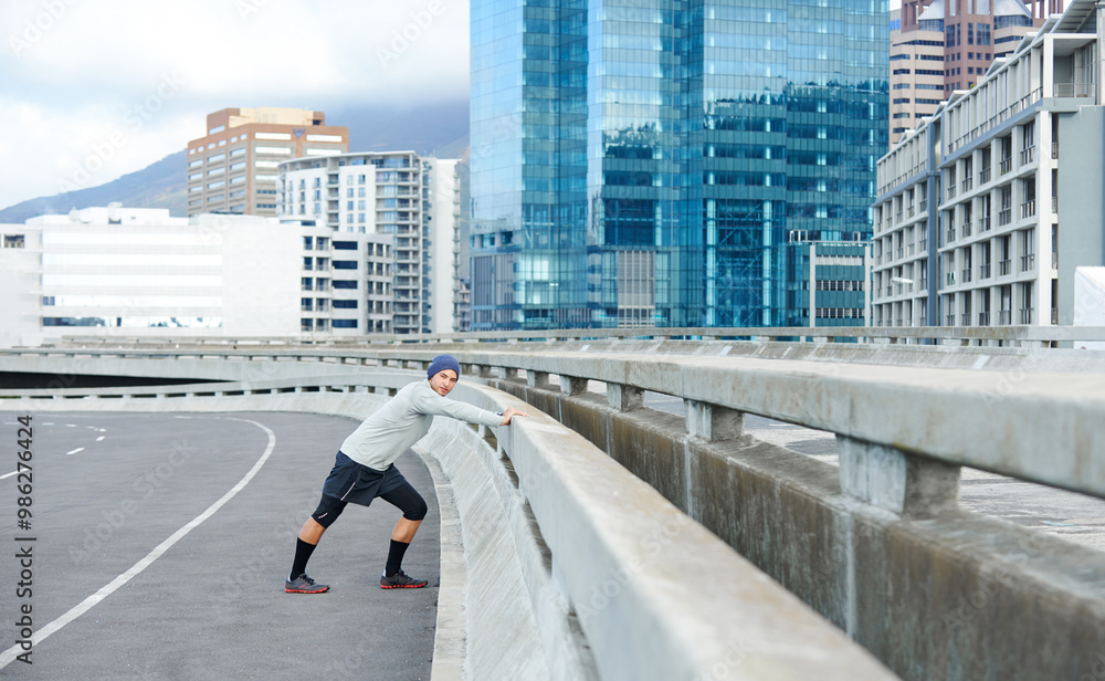 custom made wallpaper toronto digitalMan, portrait and warm up for fitness in city, bridge challenge and morning for cardio workout. Male person, stretching and urban town for muscle relief, outdoor and athlete for start of training