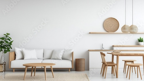 Minimalist studio with multifunctional furniture and open layout, minimalistic design, space harmony photo