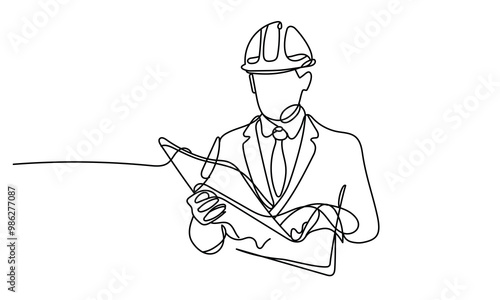 Line Art of a Professional Architect or Engineer Holding a Plan Construction Project Management, Architecture, and Design concept
