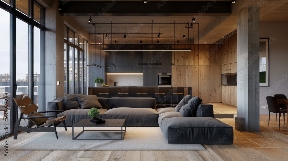 Fototapeta premium A contemporary loft featuring mix of industrial and cozy design elements, showcasing spacious living area with stylish sofa, wooden accents, and large windows