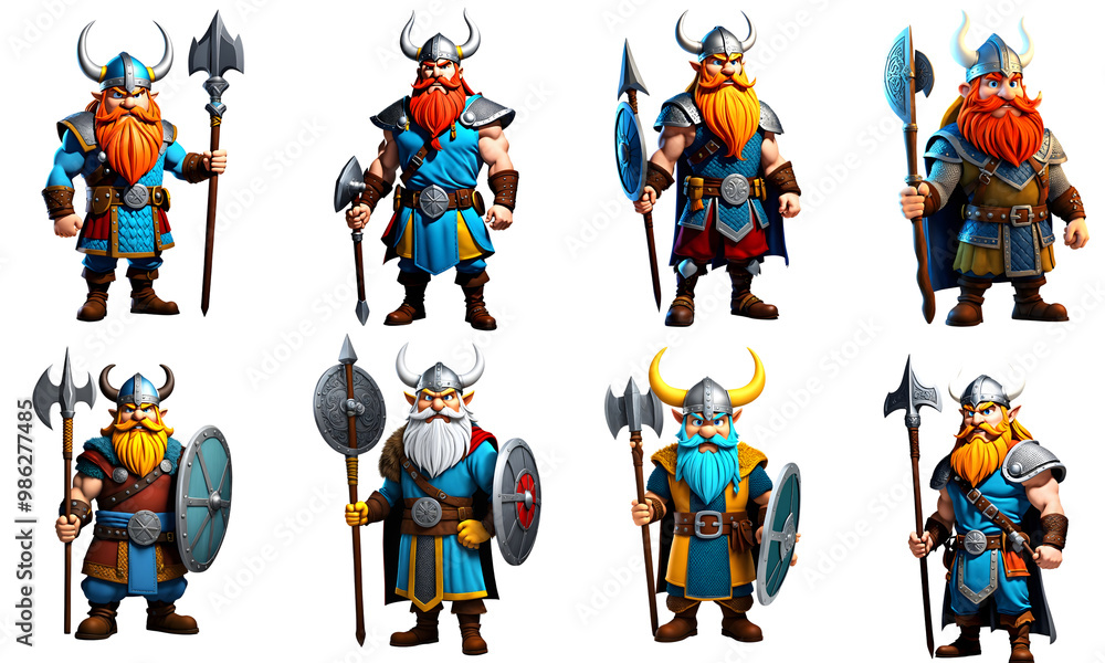 Illustration set of Viking Cartoon with bold colors standing against. 3D illustration. White background Illustration set of Viking Cartoon with bold colors standing against. 3D illustration. White background
