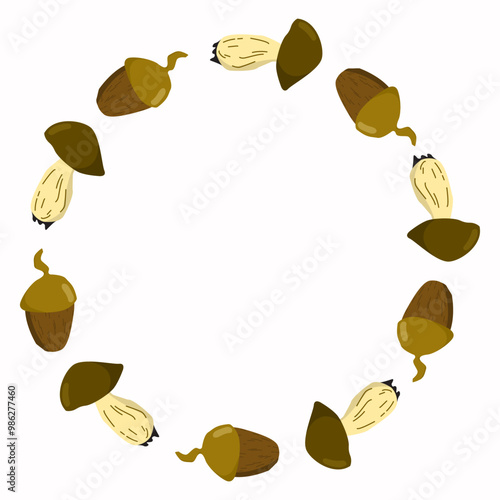 Round frame made of hand drawn acorn and mushroom, isolated on white background (backdrop). Food. Nature. Object. Vector illustration. 
