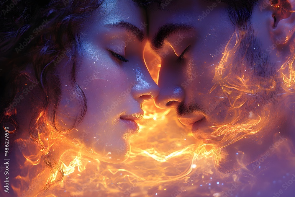 All-encompassing flame of love. Divine feeling. A couple in a tight embrace of bright flame and passion. All-encompassing flame of love. Divine feeling. A couple in a tight embrace of bright flame and passion.
