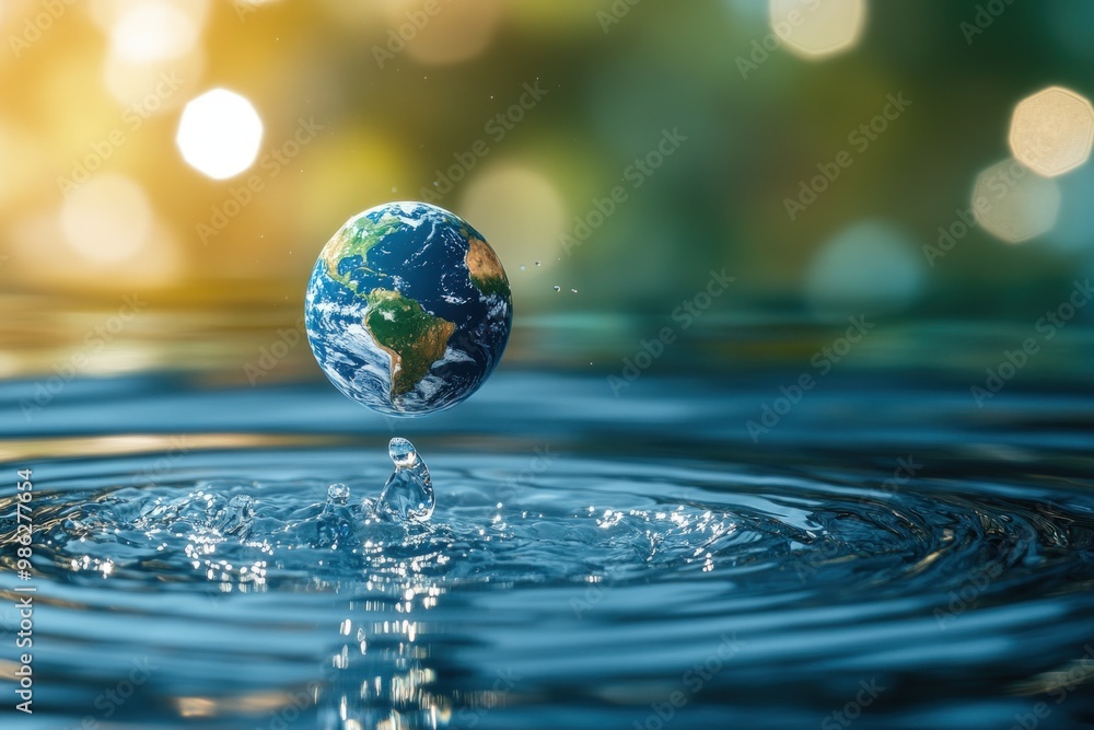 A miniature globe of Earth floats on a ripple in a still body of water with a blurry background. A miniature globe of Earth floats on a ripple in a still body of water with a blurry background.
