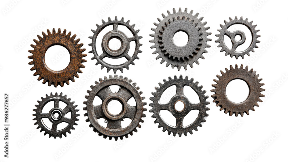 Set of industrial gears isolated on transparent background, PNG file, different sizes Set of industrial gears isolated on transparent background, PNG file, different sizes