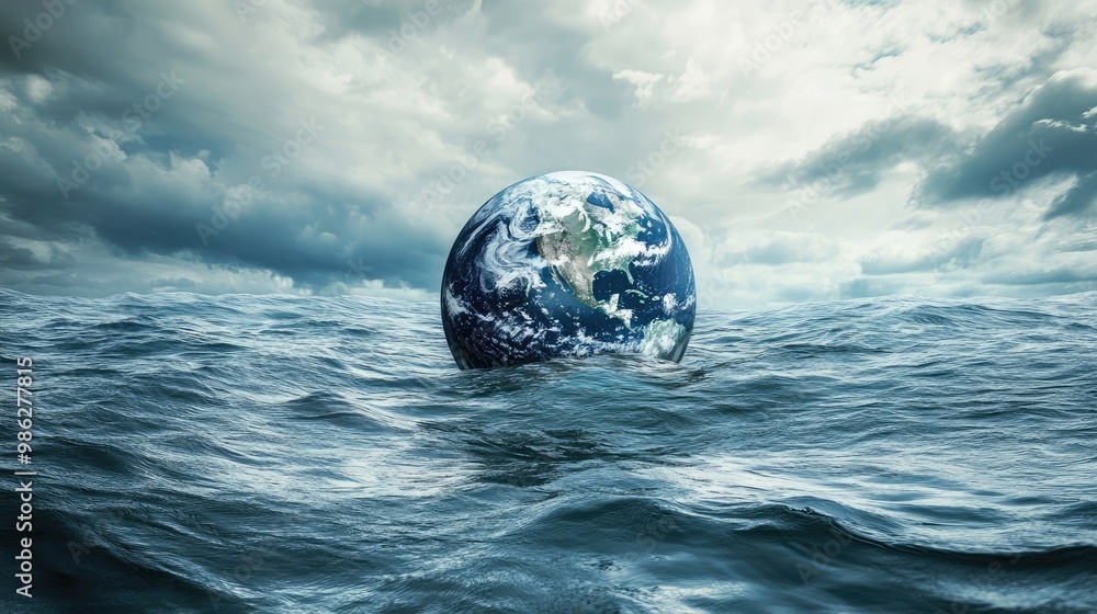 Planet Earth sinking into a vast ocean, portraying the dangers of unchecked sea level rise. Planet Earth sinking into a vast ocean, portraying the dangers of unchecked sea level rise.