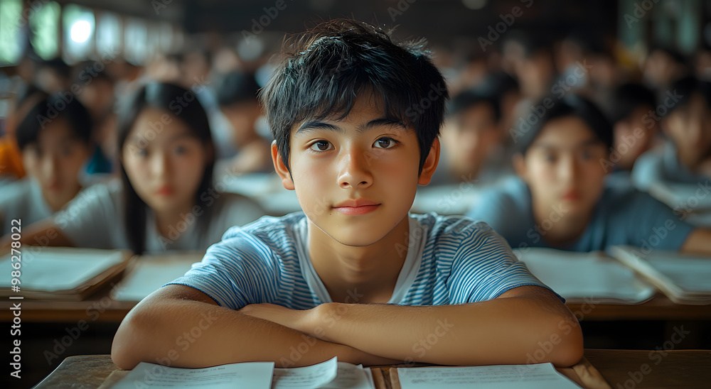 A Group of Chinese High School Students Taking the Final Exam Together, Displaying a Range of Emotions from Focused Concentration to Nervous Anticipation, Reflecting the Pressure and Importance of Aca A Group of Chinese High School Students Taking the Final Exam Together, Displaying a Range of Emotions from Focused Concentration to Nervous Anticipation, Reflecting the Pressure and Importance of Aca