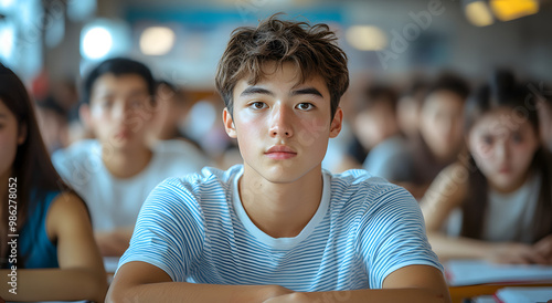 A Group of Chinese High School Students Taking the Final Exam Together, Displaying a Range of Emotions from Focused Concentration to Nervous Anticipation, Reflecting the Pressure and Importance of Aca