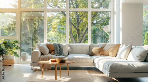 A bright and airy living area with large windows, showcasing cozy sofa and natural light streaming in. space feels inviting and serene, perfect for relaxation