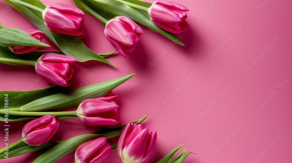 Obraz premium Vibrant Pink Tulips Arranged in Flat Lay on Soft Pink Background.