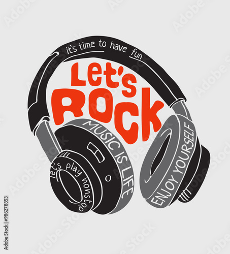 let's rock slogan in cartoon headphone vector illustration for kids fashion print