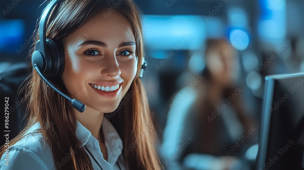 A smiling woman with long brown hair wears a headset and looks directly at the camera. She is wearing a white shirt and is in an office setting. A smiling woman with long brown hair wears a headset and looks directly at the camera. She is wearing a white shirt and is in an office setting.