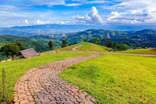 Fotografie A scenic view of a stone pathway leading through green pastures, rolling hills, and a traditional farmhouse